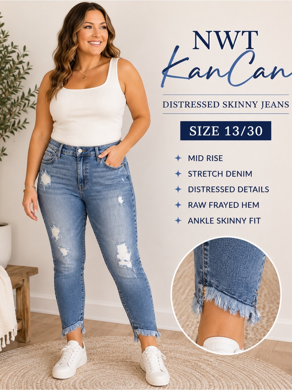 NWT KanCan Mid Rise Distressed Ankle Skinny Jeans Size 13/30 Frayed Hem